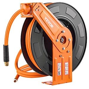 VEVOR 1/2 inch hybrid polymer air hose, 50 feet long, coiled on auto-rewind reel with non-slip rollers and adjustable stopper.