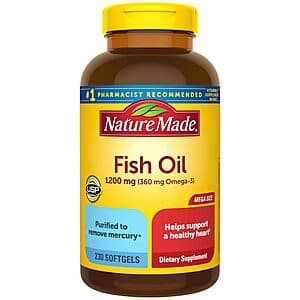 Nature Made 230-count bottle of 1200mg fish oil softgels with orange labeling.