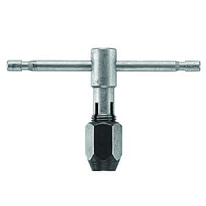 Bosch BTH014 T-Handle Tap Wrench with chrome-plated finish, featuring a T-shaped handle and self-equalizing jaws designed for 0–1/4 inch taps.