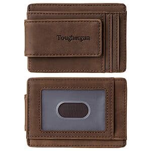 Toughergun slim full grain leather money clip wallet in coffee or black with RFID blocking technology.