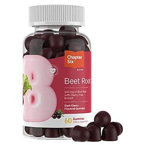 Bottle of Zahler Chapter Six Beet Root 500mg Dark Cherry Gummies, 60-count, with dark cherry-colored gummies visible.