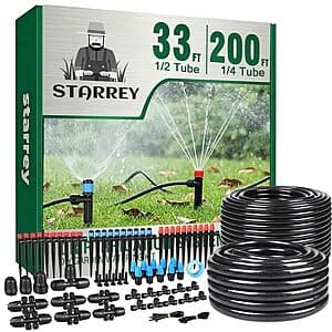Starrey drip irrigation kit with coiled drip line, main line tubing, emitters, and fittings displayed together.