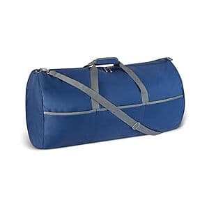 Navy blue nylon foldable duffel bag, extra-large size with 150L capacity, measuring 32.4 inches long.