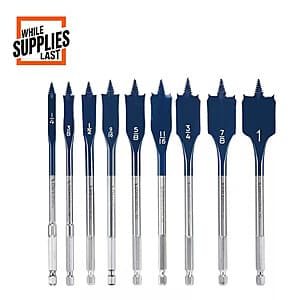 Nine Bosch Daredevil high carbon steel spade bits in various sizes, including a 1/4" bit, arranged in a row.