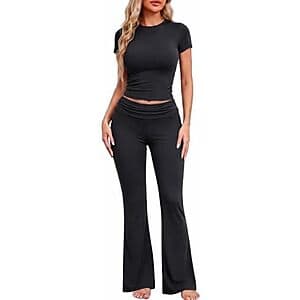 Ekouaer Women's Pajama/Lounge Set w/ Crop Top & Flare Pants (Black) $10
