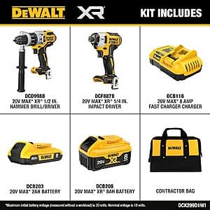 20V DeWALT 1/2" Hammer Drill/Driver + 1/4" Impact Driver w/ 2Ah + 8Ah Battery $249 + Free Shipping