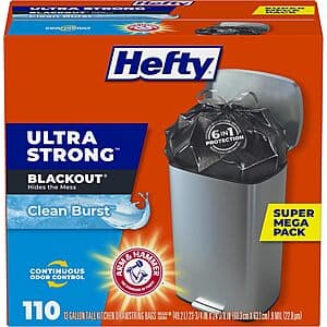 110-Ct 13-Gallon Hefty Ultra Strong Kitchen Trash Bags (Black, Clean Burst Scent) $12.15 w/ Subscribe & Save