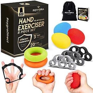 Three silicone hand exercise balls in varying tension levels (light, medium, heavy), each measuring 2.15" x 1.63" in diameter.