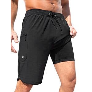 SILKWORLD men's 9-inch swim trunks with compression liner and zippered pockets in various color options.