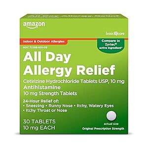 30-Ct Amazon Basic Care All Day Allergy Cetirizine Hydrochloride Tablets (10 mg) $1.40 w/ Subscribe & Save