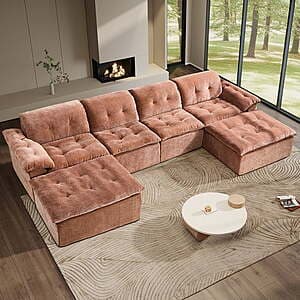 Aukfa 6-piece U-shaped modular sectional sofa in ice flower chenille with terracotta or black upholstery and 2 matching ottomans.