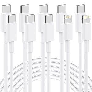 5-pk 6' 60W IWTKenw Charging Cables (2-Count Lightning + 3-Count USB-C) $3.35
