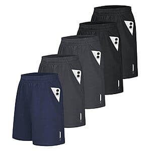 5-pack of men's athletic shorts in multiple color combinations, lightweight moisture-wicking fabric with four-way stretch.