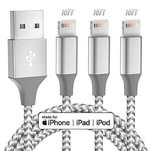 3-Pack 10' Bkayp Apple MFi Certified USB to Lightning Charging Cables $4