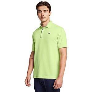 Under Armour Tech Golf Polo in morph green with pitch gray accents, displayed on a model or product display.