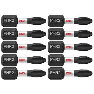 Bosch 10-pack of 1-inch Phillips #2R impact-rated screwdriver bits in retail packaging.
