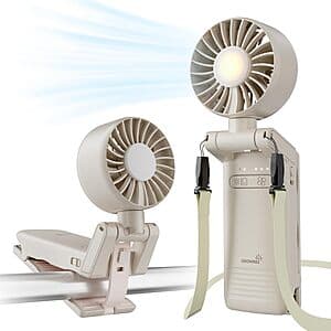 Beige portable stroller fan with clip attachment, 4-speed settings, and integrated night light mounted on a stroller.
