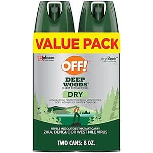 Two 4-oz cans of OFF! Deep Woods Insect Repellent Dry Aerosol Spray with red and yellow labeling.