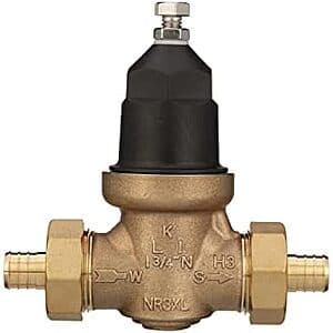Zurn Wilkins brass pressure reducing valve with 3/4-inch double union PEX crimp connections and adjustment knob.