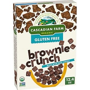 Nine boxes of Cascadian Farm Organic Brownie Crunch Cereal with brown packaging and brand logo, 12.4 oz size.