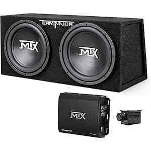 MTX Terminator 12-inch black car subwoofer enclosure with integrated 1200W amplifier, dual loaded design ready for vehicle installation.