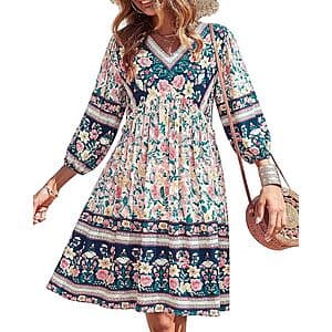 BTFBM women's mini dress featuring a floral print, V-neckline, ruffle detailing, and 3/4-length balloon sleeves.