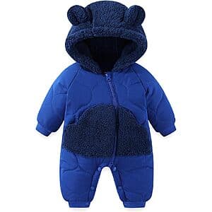 JiAmy baby hooded snowsuit in various colors featuring bear ear details on the hood, shown for multiple sizes.