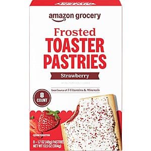 8-count box of Amazon Grocery Frosted Toaster Pastries in Strawberry flavor with red and white packaging.