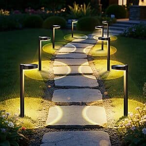 12-pack of black APONUO solar pathway lights with spot lens and 3CCT color temperature control.