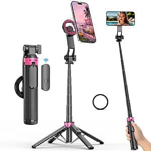 ACKIMA 37-inch magnetic selfie stick tripod with attached wireless remote and phone holder mount.
