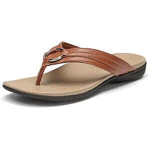 DREAM PAIRS Women's Orthotic Arch Support Flip Flops in Brown and White colorways displayed with visible arch support cushioning.