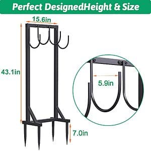 Black freestanding metal garden hose holder stand, 43 inches tall, with horizontal wrapping storage design for garden hoses.