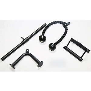 BalanceFrom Powergainz black cable machine attachments including triceps press down and LAT pulldown handles.