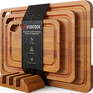 4-Piece Astercook Bamboo Wood Cutting Board Set w/ Juice Groove, Handles & Stand $23