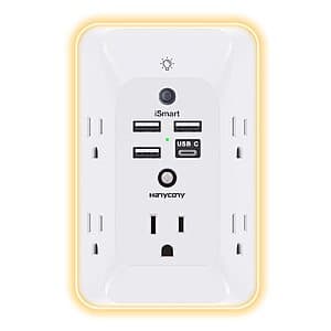 HANYCONY 3-Prong 5x AC + 4x USB Outlet Extender w/ Night Light $9