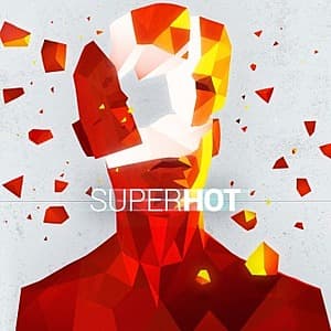 Superhot PC game cover art or in-game screenshot showing minimalist visual style with red enemies and white geometric environments.