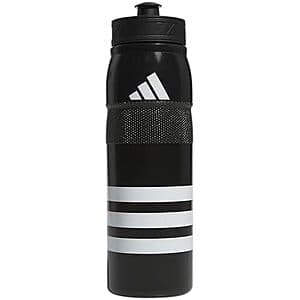 Black and white Adidas Stadium 28-oz refillable plastic sport water bottle with ergonomic grip design.