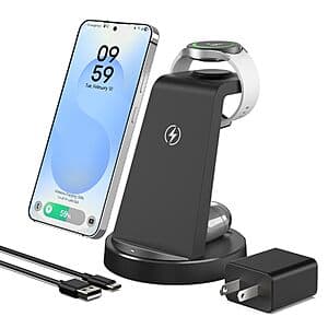Black 3-in-1 wireless charging station with dedicated power zones for Samsung phones, watches, and earbuds.