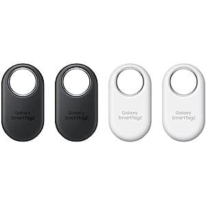 4-pack of Samsung Galaxy SmartTag2 Bluetooth trackers in black and white colors, compact rectangular tracking devices.