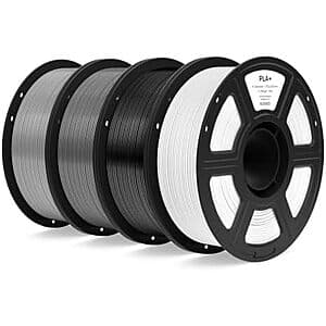 Four 1kg spools of ELEGOO PLA+ filament in black, white, grey, and space grey colors arranged together.