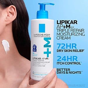 La Roche-Posay Lipikar AP+ MAX Triple Repair body cream in white and blue packaging, showing 13.52 oz and 2.53 oz bottles.