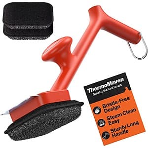 Red ThermoMaven bristle-free BBQ grill brush with three black replaceable head attachments displayed on white background.