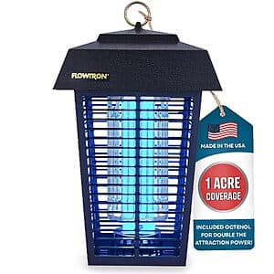 Flowtron 40W UV outdoor electric bug zapper with 5600V grid in midnight black finish, designed for 1-acre coverage with mosquito attractant included.