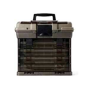 Large Plano Guide Series Stowaway 4-By Rack System tackle box organizer with upper storage compartment and DuraView lid, designed to hold multiple 3700 series utility boxes.