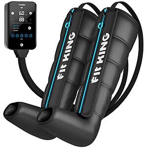 FIT KING cordless air compression recovery system with two black leg boots featuring 5 chambers, displayed in medium size.