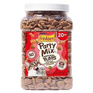 20-ounce bag of Purina Friskies Party Mix Natural YUMS Cat Treats in salmon, tuna, and catnip varieties.
