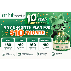 Mint Mobile logo and promotional banner for 10th anniversary new customer offer.