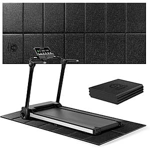 HAPBEAR foldable black treadmill mat with textured non-slip surface, available in three sizes for home gym floor protection.