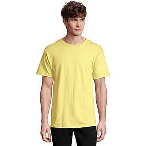 Hanes Essentials Men's 100% Cotton Short Sleeve T-Shirt in yellow and green colorways displayed flat.