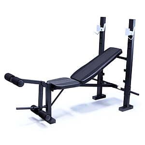 Athletic Works weight bench and squat rack combo unit with integrated leg press attachment in black and silver.